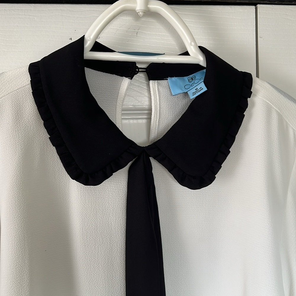 CeCe White Blouse with Black Collar and Tie - Picture 2 of 4